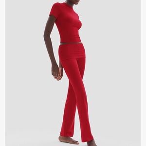 PUMIEY Women's 2 Piece Lounge Sets Short Sleeve Tops Fold-Over Flare Pants